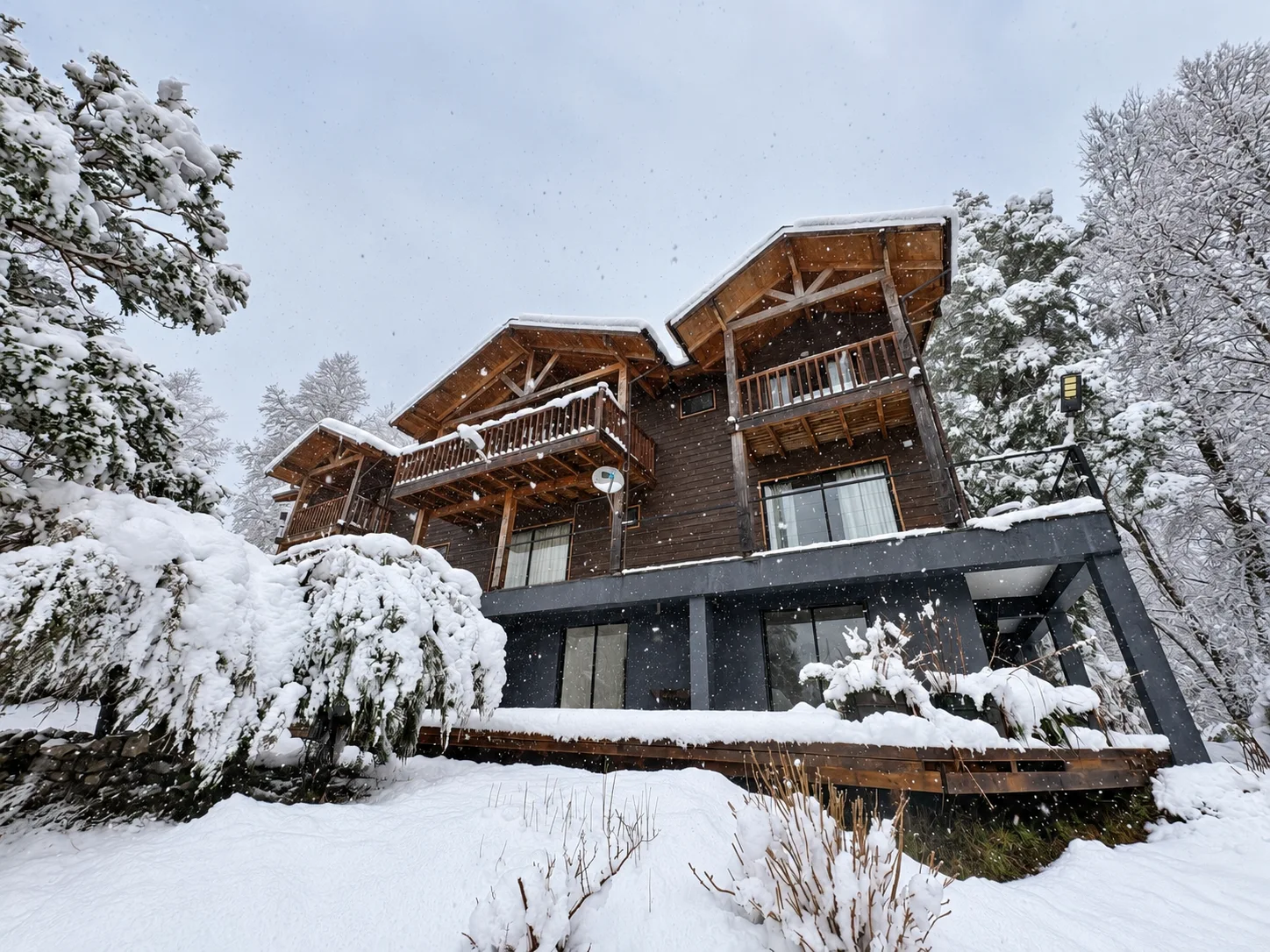 Casa Koiwe rodeada de árboles cubiertos de nieve